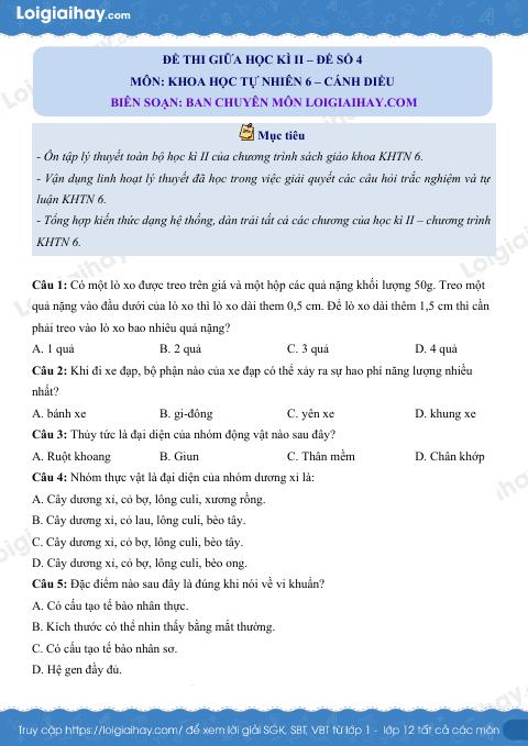 Đề thi giữa kì 2 KHTN 6 Cánh diều - Đề số 4